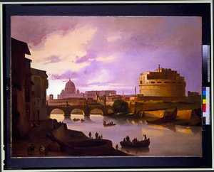 Pár: Szent Péterrel a háttérben, a Colosseum látképe. alkotó: Ippolito Caffi