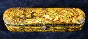 Papírmasé tolldoboz, tetejére a chaldiráni csatát festették alkotó: Iranian School