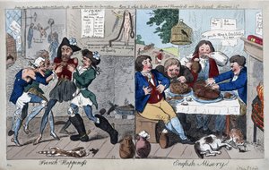 Francia boldogság: Angol nyomorúság, pub. 1793 (kézi színes metszet)