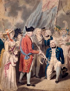 „III. György kardot ajándékoz Earl Howe admirálisnak”, 1794. alkotó: Isaac Cruikshank