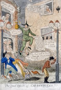 A széngáz jó hatásai!, 1807 (kézzel színezett metszet) alkotó: Isaac Cruikshank