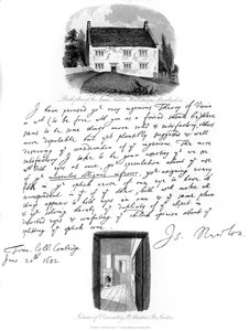 Isaac Newton levele és szülőhelyének képe a lincolnshire-i woolsthorpe-ban, 1682, 1840.
