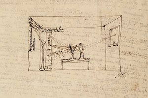 Ms. New Coll 3612 fol.45v Rajz az úgynevezett kritikus kísérletről, amely azt mutatja, hogy a nap fénye megtörik az egyik prizmán, majd megtörik egy másik prizmán (toll és tinta papíron
