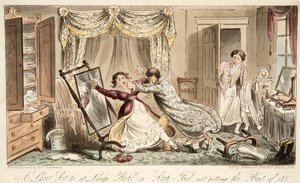 Rövid készlet a Longs Hotelben vagy a Stop-Fordban, ami nem hozza ki a legjobbat a The English Spy pubból. 1824 (kézzel színezett metszet) alkotó: Isaac Robert Cruikshank