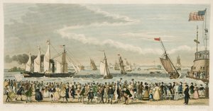 A Great Western Steam Ship érkezése New York mellett 1838. április 23-án, hétfőn, pub. 1842 (kézzel színezett metszet) alkotó: Isaac Robert Cruikshank