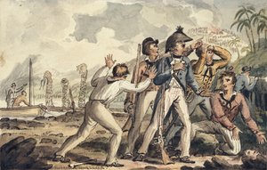 Burney kapitány felfedezi meggyilkolt hajótársait, illusztráció a "Cook kapitány utazásaiból" alkotó: Isaac Robert Cruikshank
