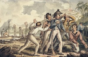 Burney kapitány felfedezi meggyilkolt hajótársait", Cook kapitány utazásaiból alkotó: Isaac Robert Cruikshank