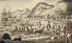 Cook kapitány partra száll Owyhee-ben, illusztráció a "Cook kapitány utazásaiból" alkotó: Isaac Robert Cruikshank