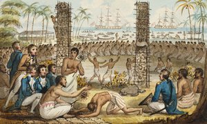 Cook kapitány Otaheite szigetén, illusztráció a "Cook kapitány utazásaiból" alkotó: Isaac Robert Cruikshank