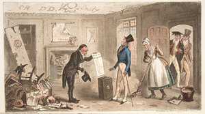 College Comforts, egy gólya birtokba veszi szobáit, az angol kémből, kocsmából. 1824 (kézzel színezett metszet) alkotó: Isaac Robert Cruikshank
