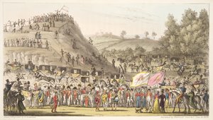 Eton Montem és a Mount, Salt Hill, az angol kémből, pub. 1824 (kézzel színezett metszet) alkotó: Isaac Robert Cruikshank