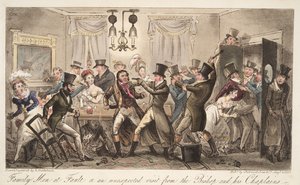 Családi férfiak a hibában, vagy a püspök és káplánjai váratlan látogatása, az angol kém, kocsma. 1824 (kézzel színezett metszet) alkotó: Isaac Robert Cruikshank