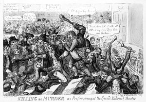 Killing no Murder, mint a Nagy Nemzeti Színházban, 1809 alkotó: Isaac Robert Cruikshank