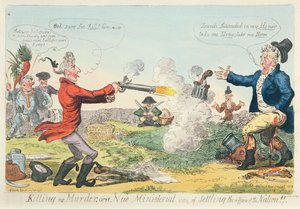 Gyilkosság nélkül, vagy a nemzet ügyeinek új miniszteri módja!, 1809 (színes rézkarc) alkotó: Isaac Robert Cruikshank