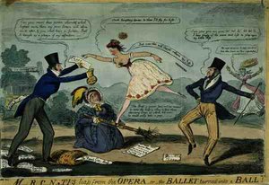 "M.RC.N...TI ugrása az operából, avagy A bálbá változott balett", kocsma. írta G. Humphrey alkotó: Isaac Robert Cruikshank