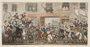 The Comical Procession from The English Spy, pub. 1824 (kézzel színezett metszet) Gloucestertől Berkeley-ig, az angol kémtől, pub. 1824 (kézzel színezett metszet) alkotó: Isaac Robert Cruikshank