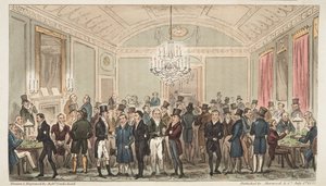 The Great Subscription Room at Brookes, The English Spy, pub. 1824 (kézzel színezett metszet) alkotó: Isaac Robert Cruikshank