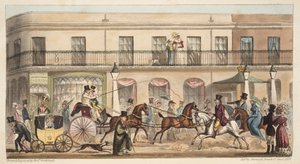 The High Street, Cheltenham, az angol kémből, pub. 1824 (kézzel színezett metszet) alkotó: Isaac Robert Cruikshank