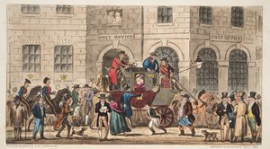 The Post Office Bristol, Arrival of the London Mail, The English Spy, London, 1824 alkotó: Isaac Robert Cruikshank