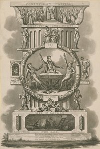 Korinthoszi tőke, rózsák, rózsaszínek és tulipánok; A londoni élet hullámvölgyei, csínjai és csínjai alkotó: Isaac, Robert and George Cruikshank