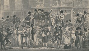 Outside White Horse Cellar, Piccadilly, 1821, 1920. Művészek: Isaac Robert Cruikshank, George Cruikshank. alkotó: Isaac, Robert and George Cruikshank