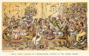 Tom és Jerry álarcos vacsorán lustálkodnak, az Operaházban alkotó: Isaac, Robert and George Cruikshank