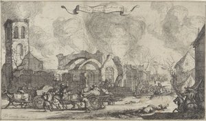 A francia csapatok fosztogatva és tüzelve vonulnak át Nigtevecht falu romjain, 1672 Tizenhárom képből álló sorozat a franciák által 1672-ben elpusztított Utrecht tartomány falvairól és kastélyairól (sorozat címe) alkotó: Isaac Sorious