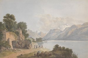 Hegyvidéki táj tóval, kapuval és alakokkal alkotó: Isaac Weld