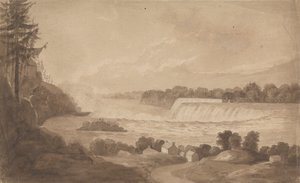 Kilátás a Niagara-vízesésre a vízesésekkel a háttérben jobbra és a tájra házakkal az előtérben alkotó: Isaac Weld