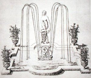 Szökőkút terv a "The Gardens of Wilton" című műből, 1645 körül (metszet)