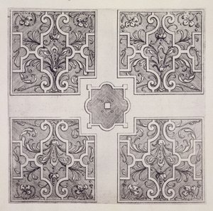 Parterre-tervek a "The Gardens of Wilton"-ból, megjelent 1645 körül (metszet)