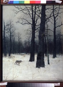 Erdő télen. Fekete, csupasz fák a hóban, farkassal. Isaak Iljics Levitan (1860-1900) festménye, olaj, vászon