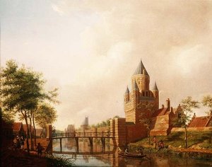 Kilátás a haarlemi Kleine Houtpoortról (Kis átjáró) a Grote Houtpoorttal (Nagy átjáró) a háttérben