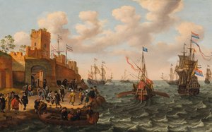 Egy holland hárommester és egy pápai gálya más hajókkal egy erődváros partja mentén, 1662 körül (olaj, tábla) alkotó: Isaak Willaerts