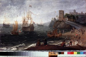 Halpiac a tengerparton (Halpiac a tengerparton). Isaac Willaerts (1620-1693) festménye. Olaj, fa, 35,5 x 67 cm, 1640 körül. 17. századi holland művészet. Állami Történeti és Művészeti Múzeum, Serpukhov (Oroszország). alkotó: Isaak Willaerts