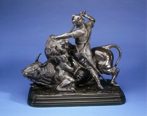 Egy bikára támadó oroszlánt megölő király, 1874 körül (fekete patinás bronz) alkotó: Isidore Jules Bonheur