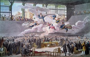 Francia forradalom: „” Le oath du jeu de Paume le 20 juin 1789”” A képviselők esküsznek, hogy nem választják el magukat, amíg az alkotmányt ki nem javítják. Isidore Helman (1743-1809) metszete 1789 Párizs, B.N.