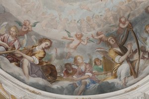 Angyalok, zenész angyalok és puttók, a Paradicsom részlete az örökkévaló Atyával, 1623-34 körül (3496185 részlet)