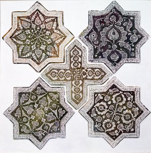 Öt csempe, Kashan, Irán (aranybarna fényű kőpaszta) alkotó: Islamic School