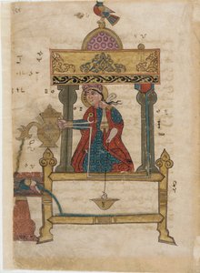 Kézmosó automata öblítő mechanizmussal, fólió a The Book of Genious Mechanical Devices-ből; Al-Djazari, 1315 (átlátszatlan wc, tinta és arany papíron) alkotó: Islamic School