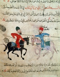 Iszlám művészet: rajz pergamenre a Fátimida időszakból (10-11. század) - Két lovas párbaj jelenete - Papirusz festmény - Kairó, Iszlám Művészeti Múzeum alkotó: Islamic School