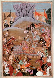 Iszlám művészet: „” Rusztam első harca Afrasziab ellen”” perzsa miniatűr a „” Shahnameh””” (Shah Nama, Shahnama) (Királyok könyve) című eposzának kéziratából Ferdowsi (Firdawsi vagy Ferdawsi, vagy Firdousi, kb. . 940-1020 körül) (ms. 607) Chantilly, Mu alkotó: Islamic School