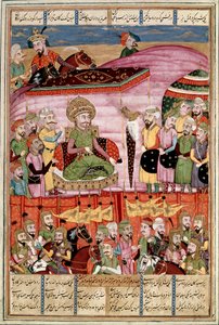 Iszlám művészet: „” Sohrab (Szaharab) áll Roustam sátránál””” Perzsa miniatűr Ferdowsi (Firdawsi vagy Ferdawsi) „” Shahnameh”” (Shah Nama, Shahnama) (Királyok könyve) című epikus költeményének kéziratából , vagy Firdousi, kb. 940-1020 körül) (ms. 607) Lly, alkotó: Islamic School