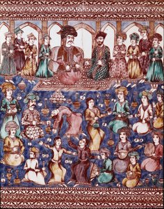 Iszlám művészet: a Nasser-al-Din udvar zenészei és táncosai (Nasser al-Din vagy Nasser al-Din, de Nassereddin vagy Nassiruddin is alkotó: Islamic School