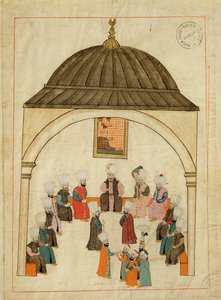 Ms. cicogna 1971, miniatűr a "Memory Turchese"-ből, amely a konstantinápolyi Topkapi palota császári termét ábrázolja, 1580 körül alkotó: Islamic School