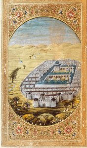 Kilátás Mekkára (La Mekke), a muszlim zarándoklat helyére és az Arafat-hegy (Arafah) síkságára, Szaúd-Arábia. Az oldal a Korán egyik kiadásából származik alkotó: Islamic School