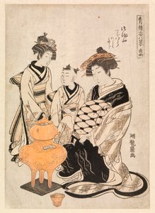 Courtesan and attendants heating sake, c.1766-80 (colour woodcut) alkotó: Isoda Koryusai