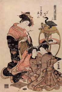 Japán kurtizán kimonóban egy csésze teát iszik alkotó: Isoda Koryusai