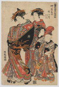 Divatmodellek: Új dizájnok, mint friss, fiatal levelek: A Yotsumeya udvarhölgye, Nanasato kísérőivel, Nanajival és Satojival, Edo-korszak, 1778-80 (színes fatömbnyomat)