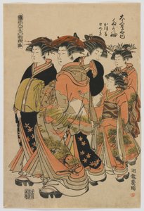 A divat modelljei: Új minták, mint friss fiatal levelek: Daimonjiya Tagasode udvarhölgye Katsuruval, Tomekivel és kísérőivel, Edo-korszak, 1778-80 (színes fametszetnyomat) alkotó: Isoda Koryusai